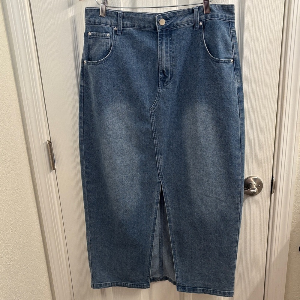 Women's RACHEL ZOE Blue Denim Midi Front Slit Skirt Stretch - Size 12
